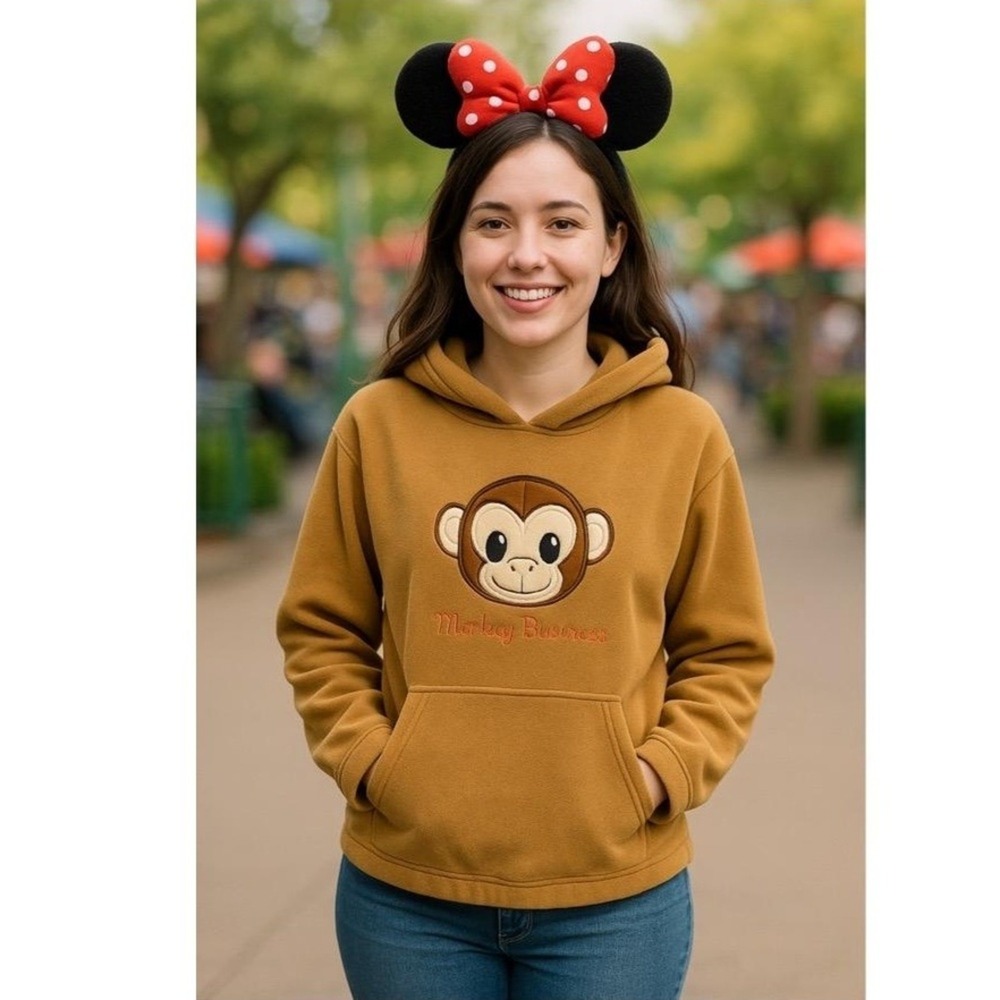 Changes Sweatshirt Woman's S Petite Monkey Business Brown Hooded Ears Graphic